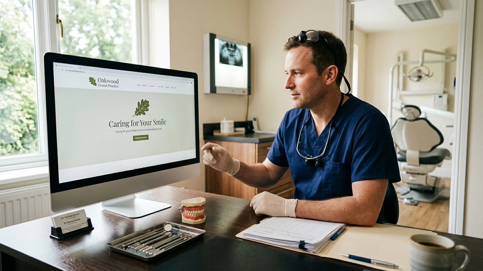 A dentist in a clean, professional uniform sitting at a quiet desk in a bright office — Dentist
