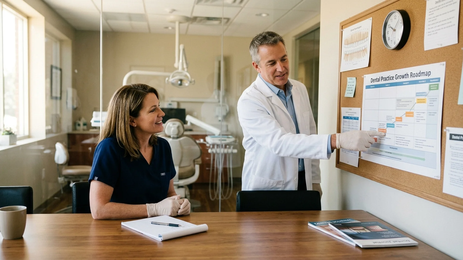 A male dentist wearing a crisp collared shirt sitting in a conference room with a mar — Dentist