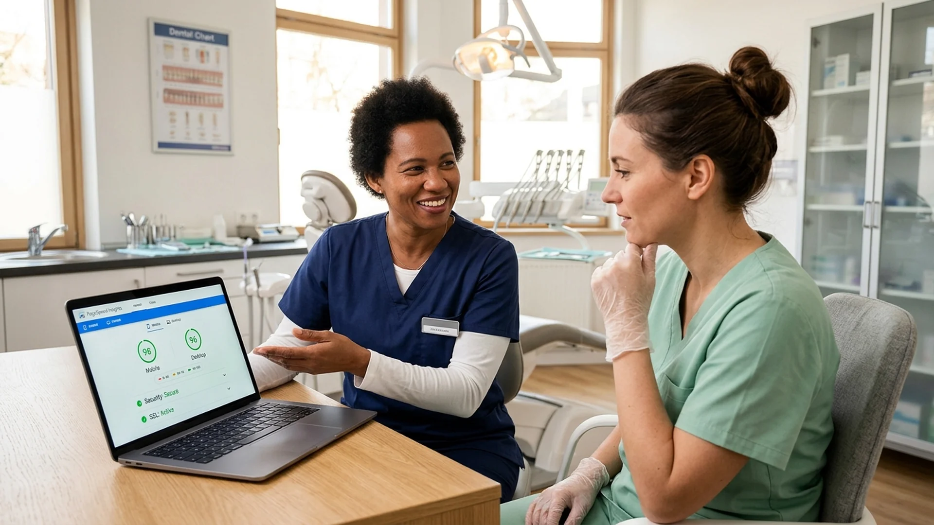A digital marketer showing a laptop screen with page speed analytics and security sta — Dentist