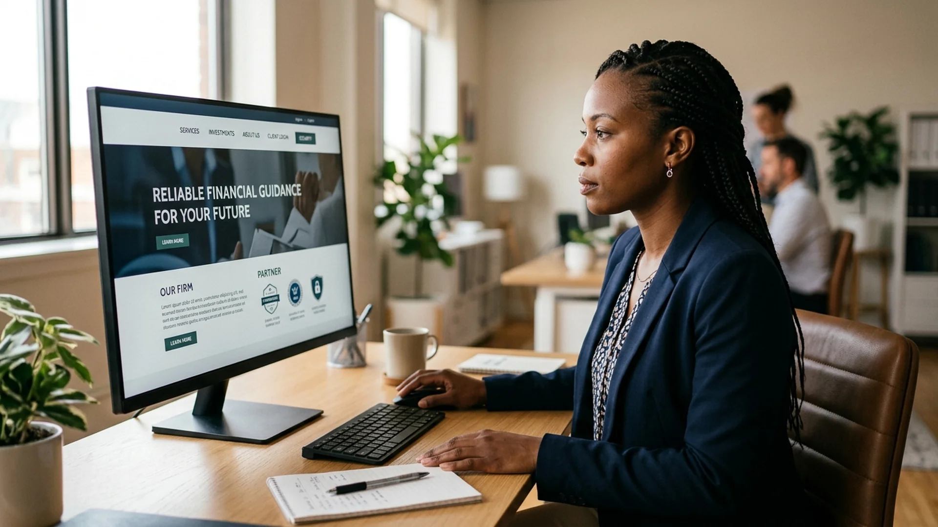 A financial consultant in a modern office reviewing a high end, secure website design — financial services