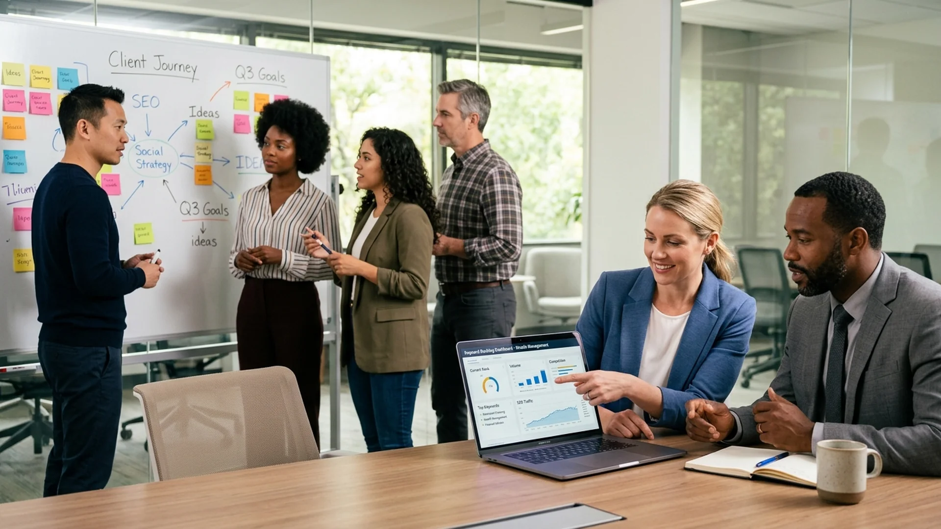 A marketing strategist sitting at a desk in a conference room with a financial adviso — financial services