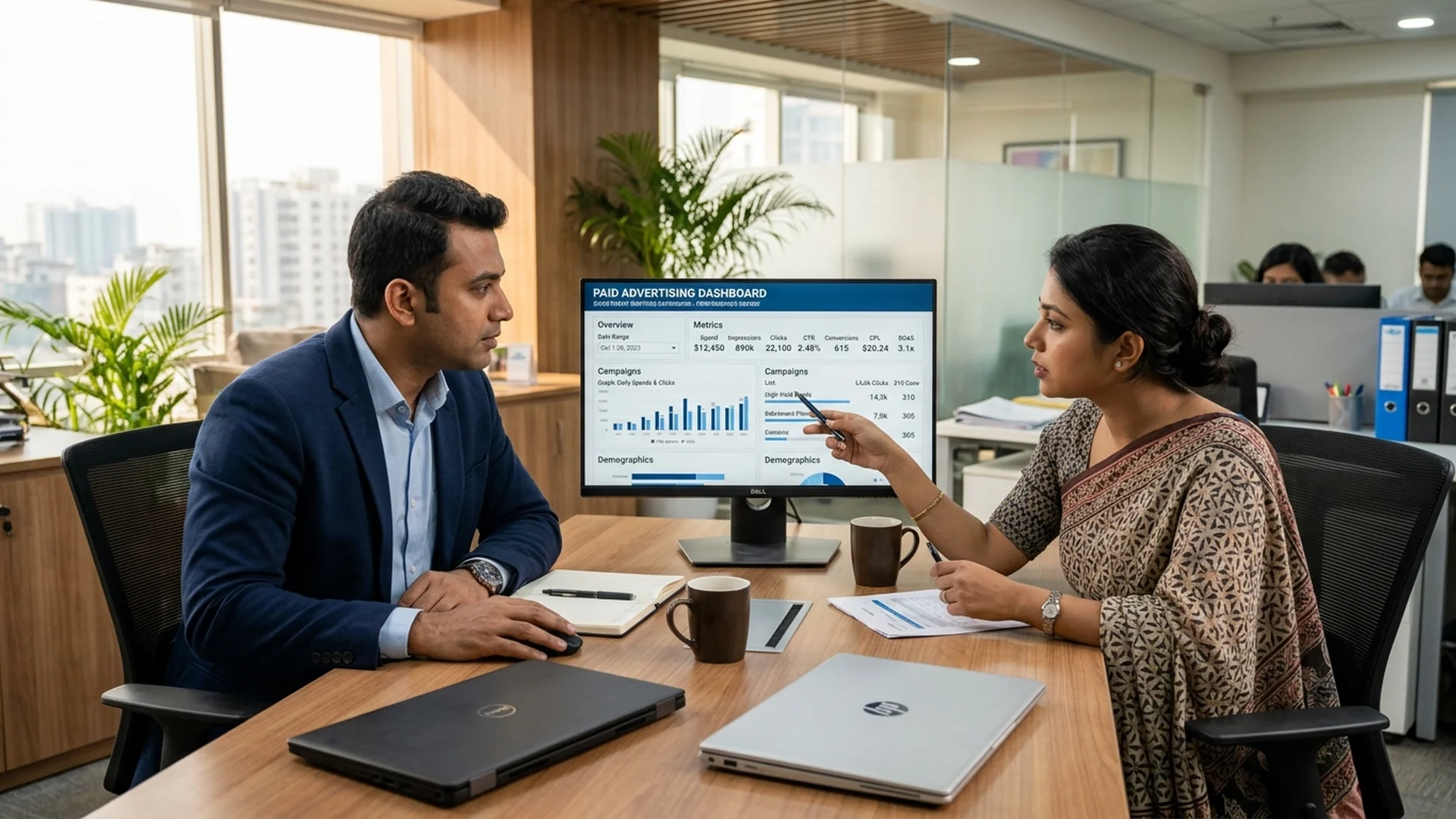 A financial consultant in a clean office setting seated with a marketing expert, revi — financial services