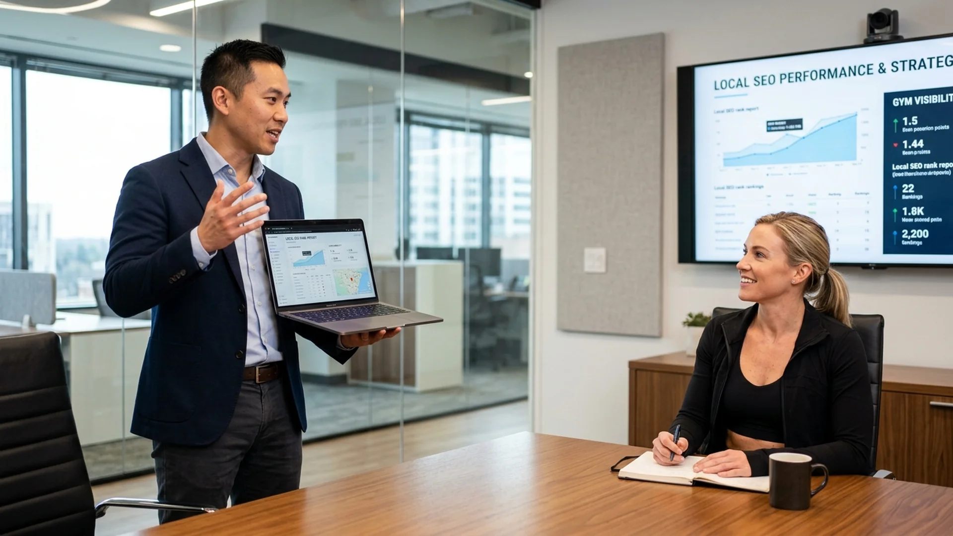 A marketing strategist presenting local SEO rank reports on a laptop screen to a gym 