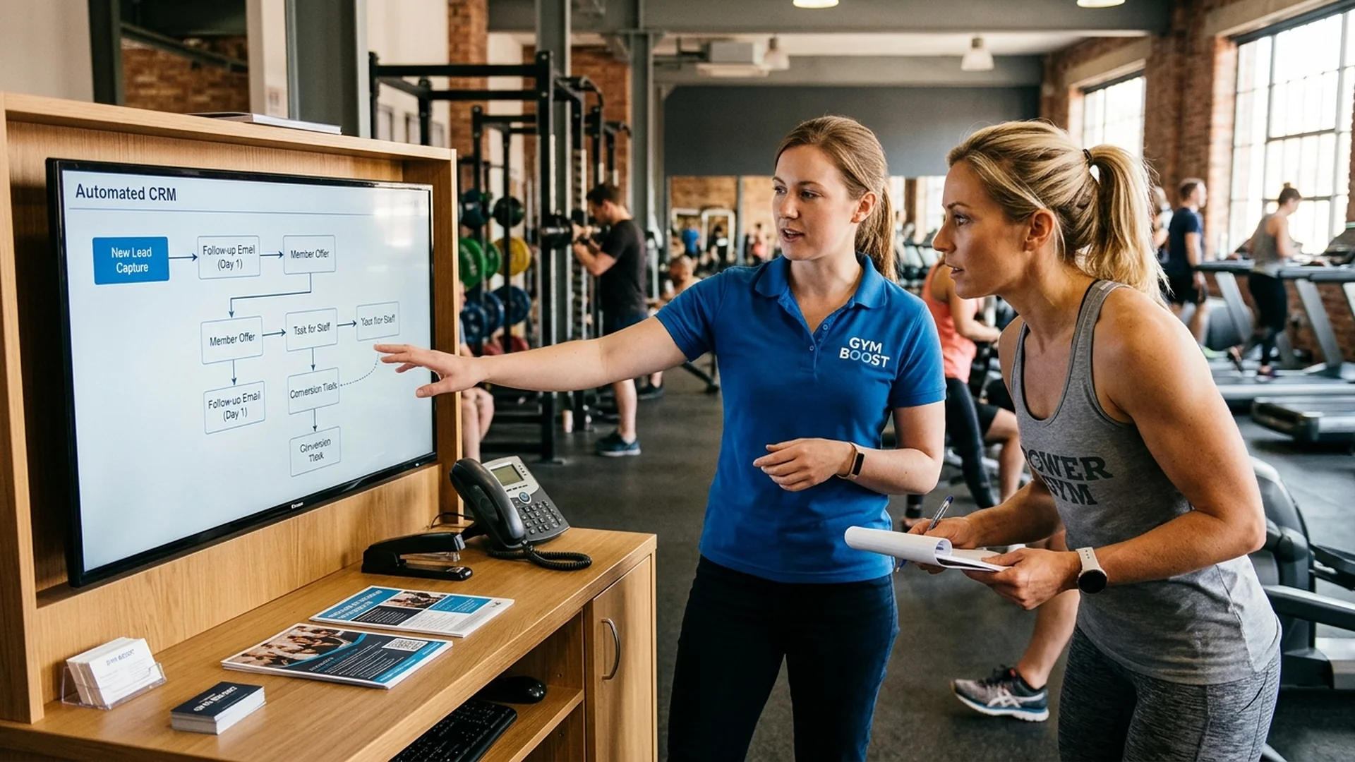 A marketing professional showing an automated CRM workflow on a computer screen to a 