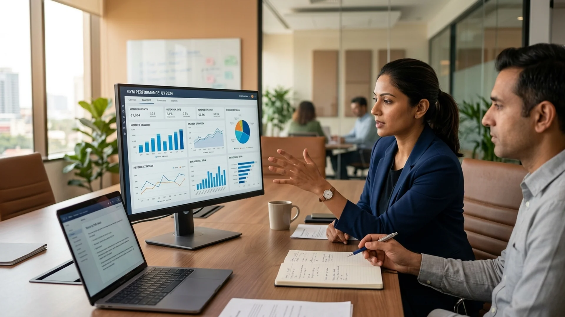 A growth strategist and a gym owner reviewing an analytics dashboard on a large monit
