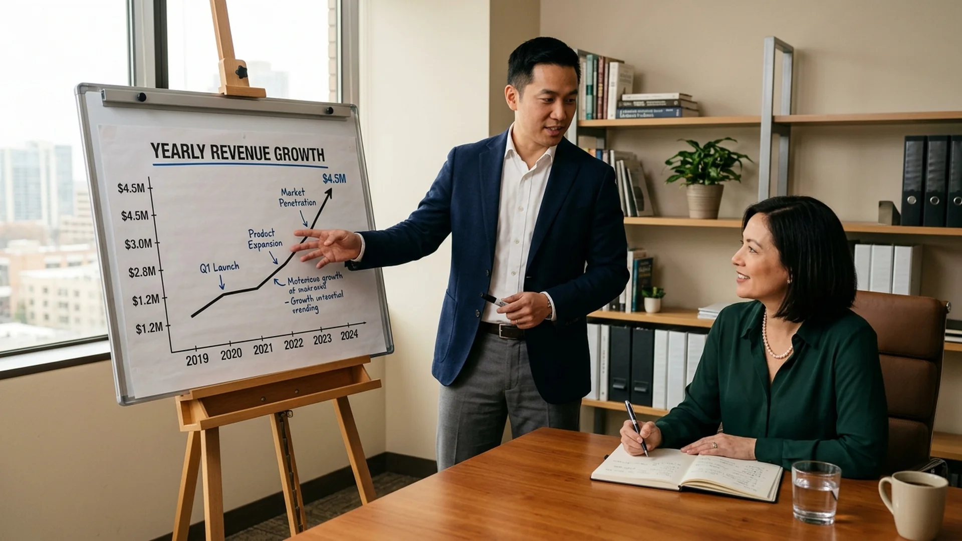 A growth strategist showing yearly revenue growth charts to a business owner in a qui — Website Design Services
