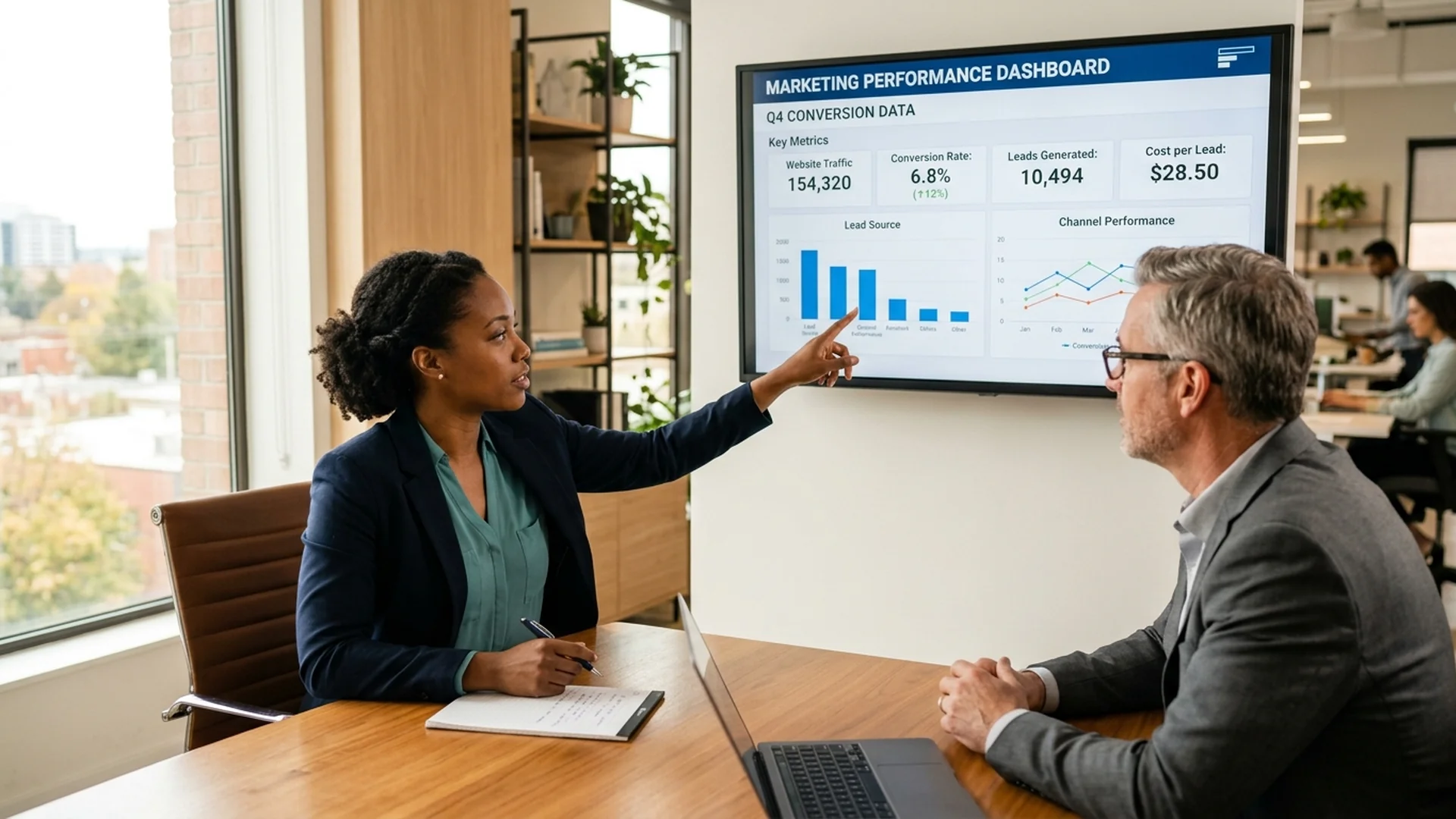 A marketing strategist presenting conversion data on a large monitor to a professiona — ChatGPT Ads Management Services