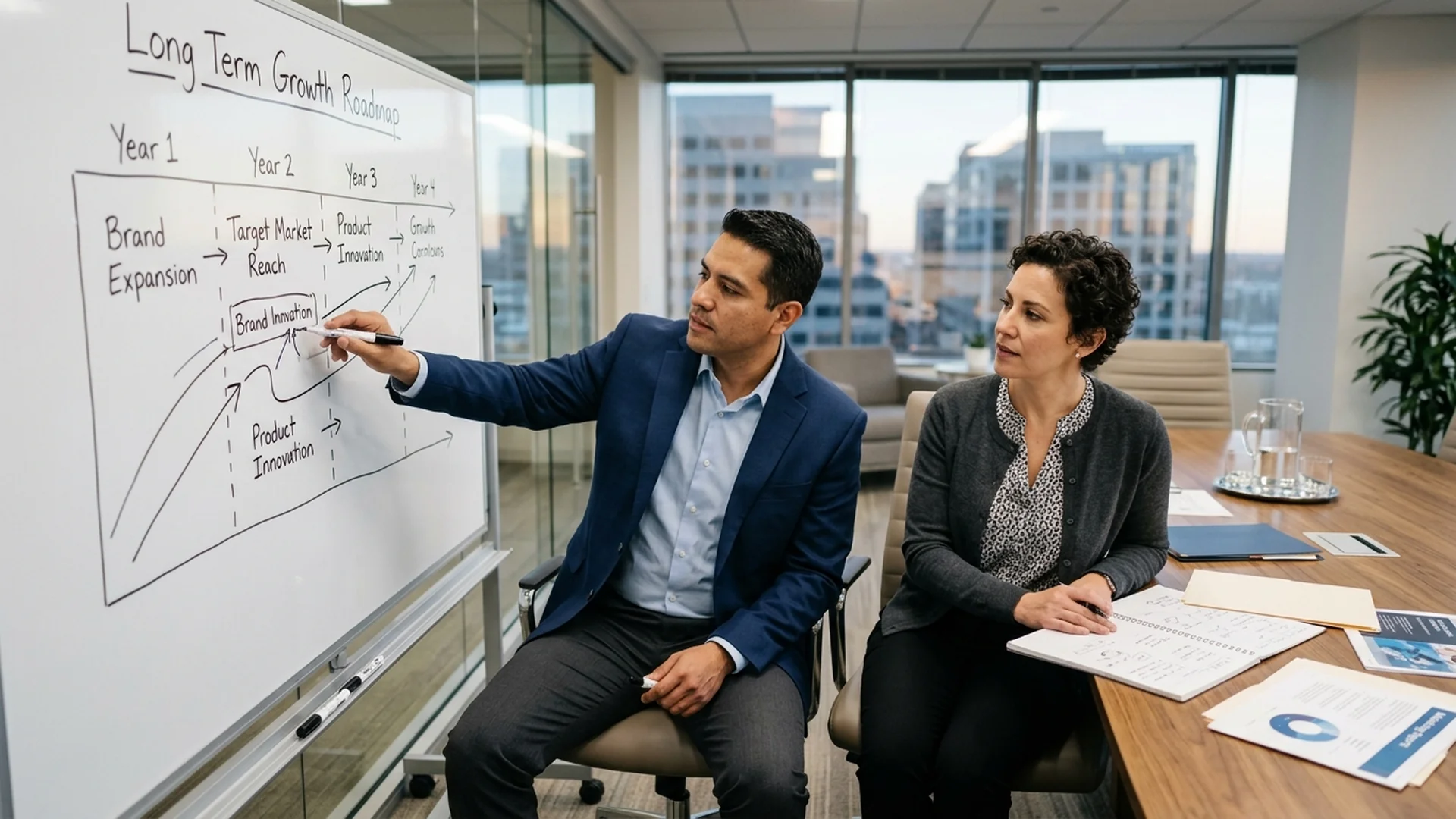 A marketing consultant reviewing a long term growth roadmap on a screen with a busine — ChatGPT Ads Management Services