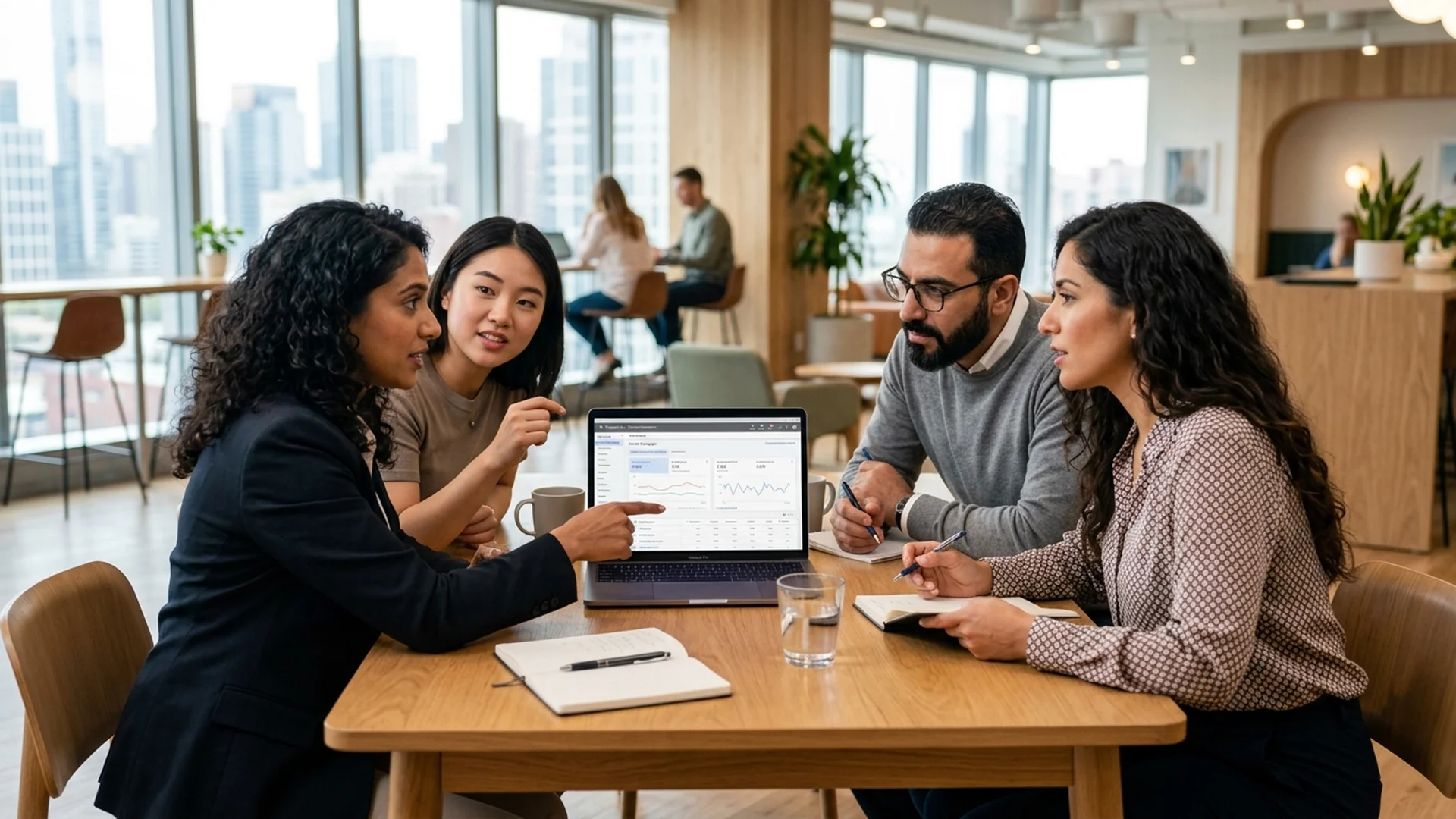 A marketing strategist sitting in a professional office at a desk with a laptop, show — Google Ads Management