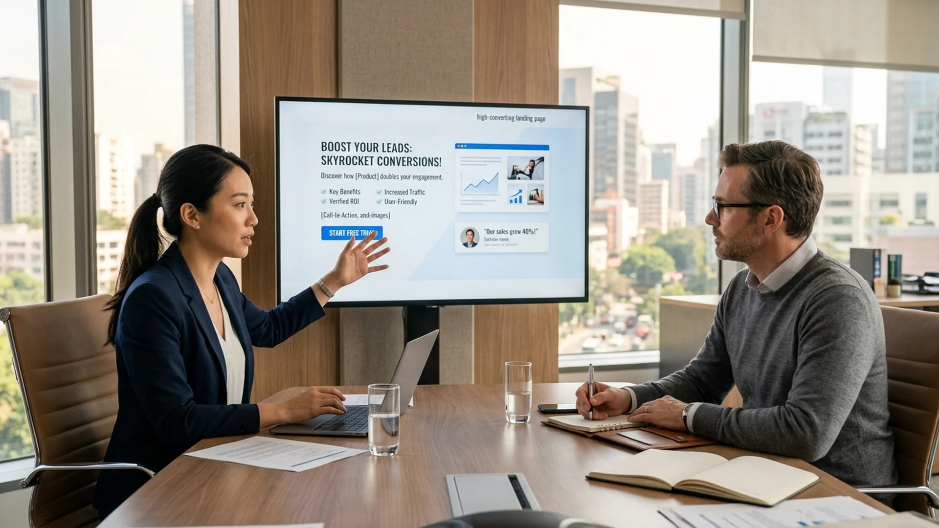 A marketing strategist sitting in a bright conference room showing a high converting — Google Ads Management