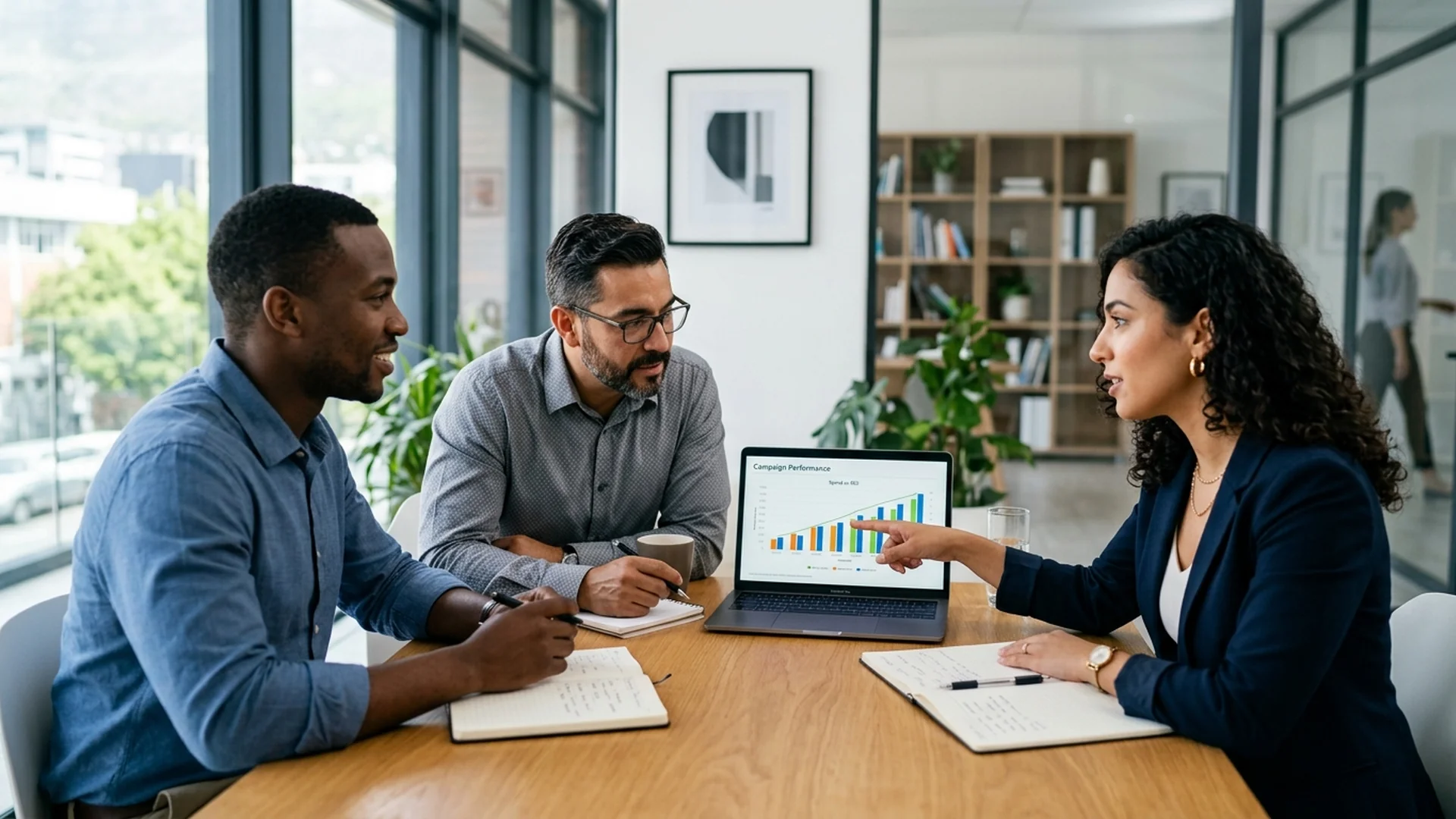 A digital marketing specialist in a clean office setting pointing to a performance gr — Google Ads Management