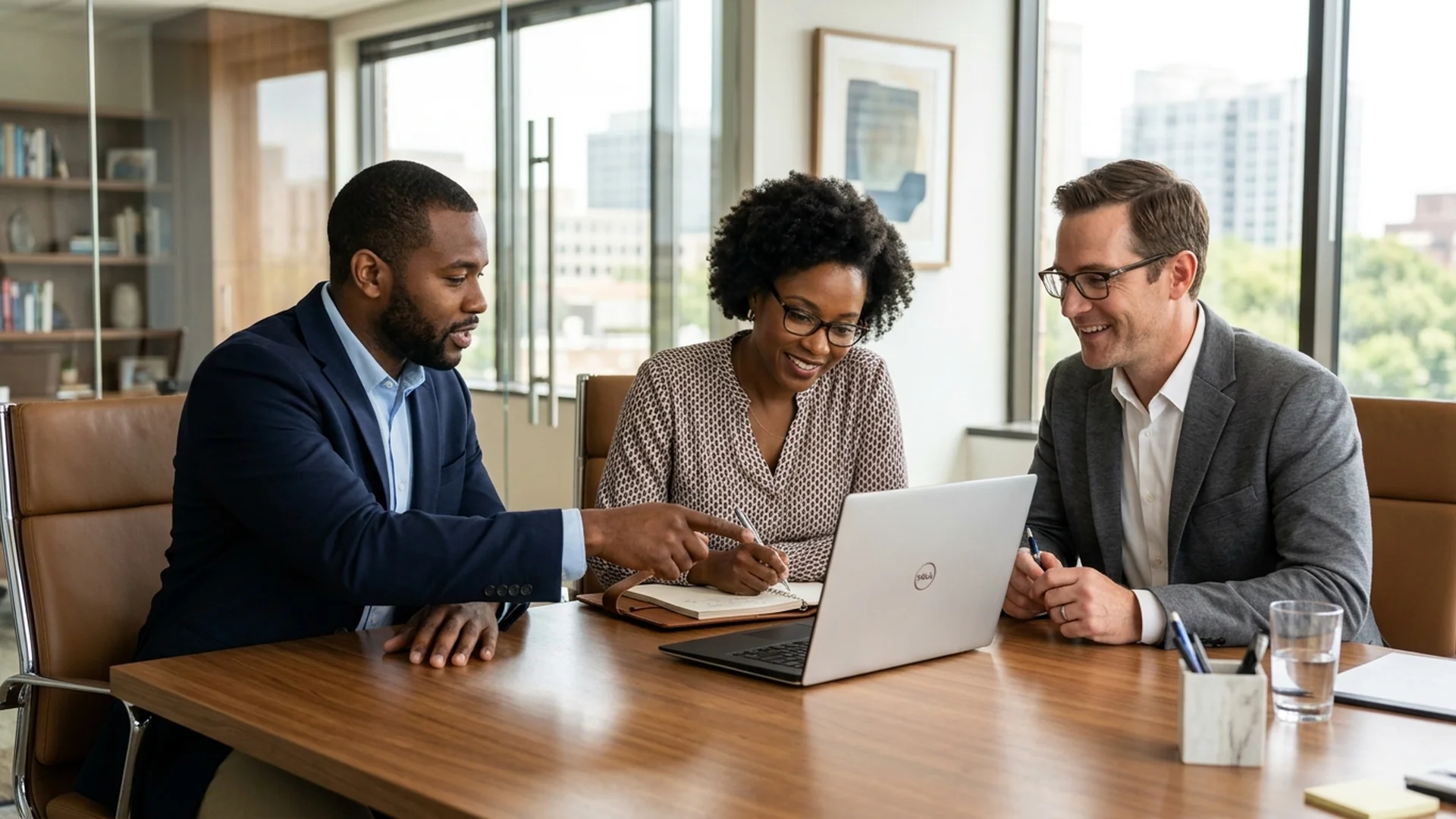 A professional client sitting at a desk with a marketing consultant, leaning in to re — Google Ads Management