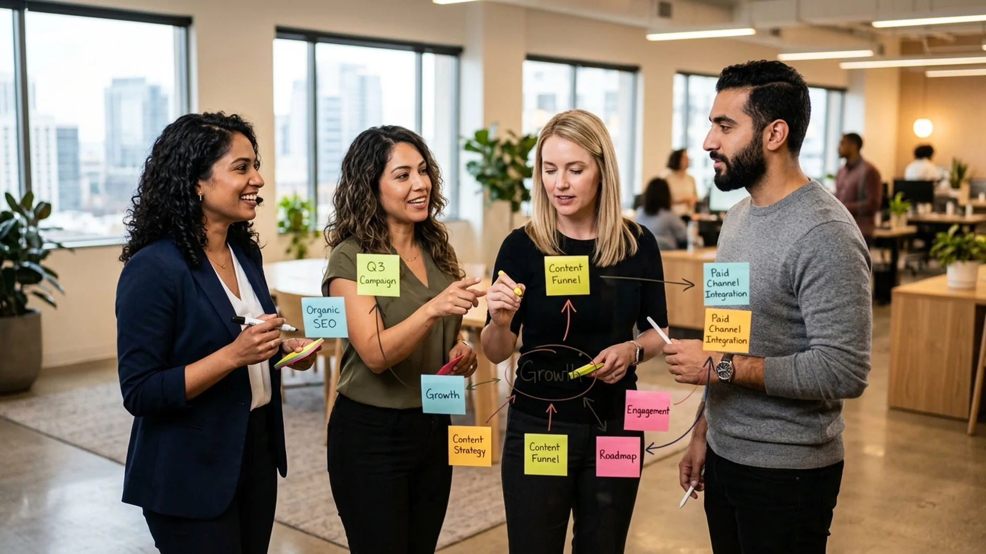 A growth strategist in a modern office using a digital whiteboard to show a client ho — Google Ads Management