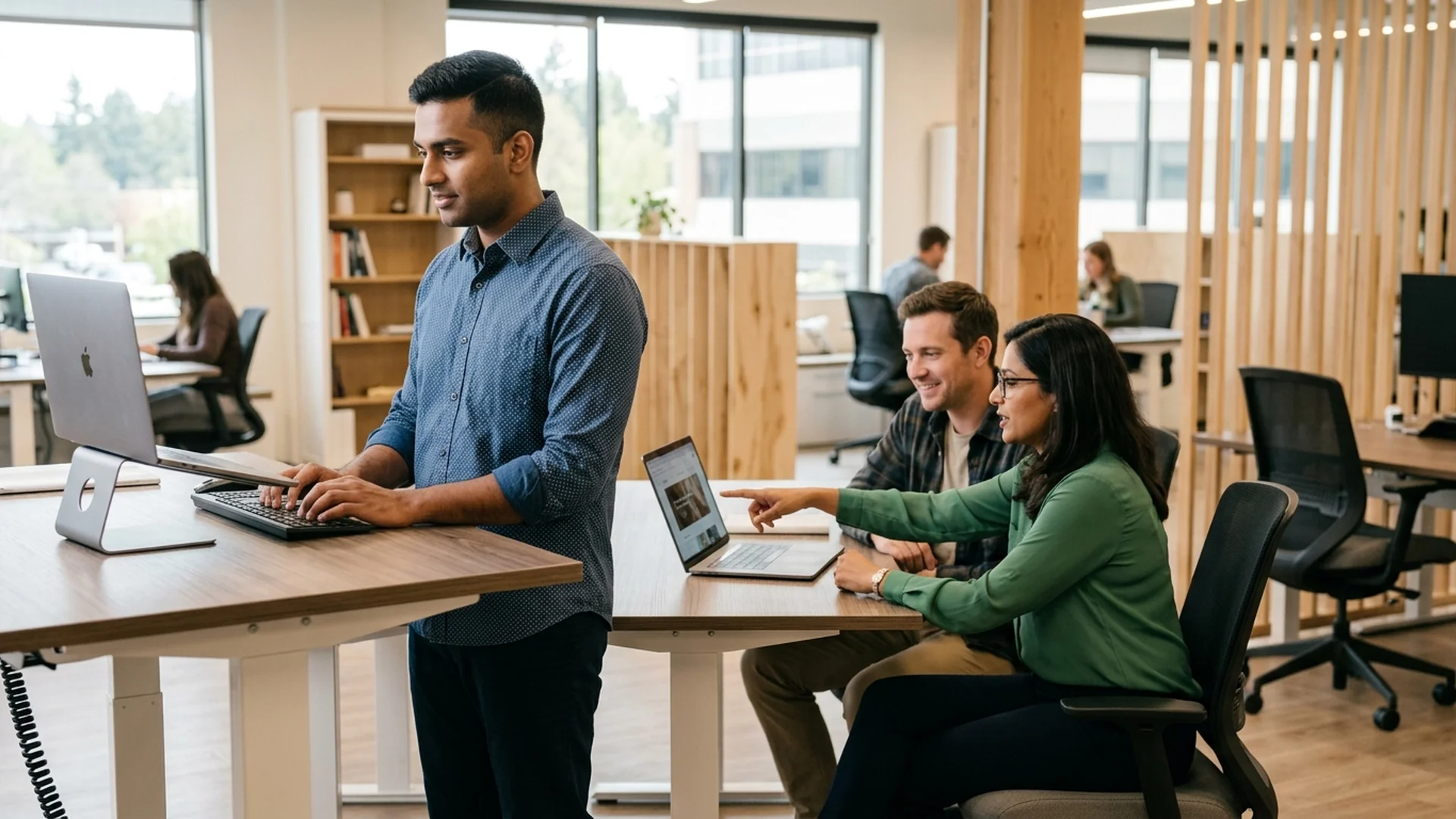 A web designer and a business owner seated in a clean office, reviewing a website pro — Marketing Services