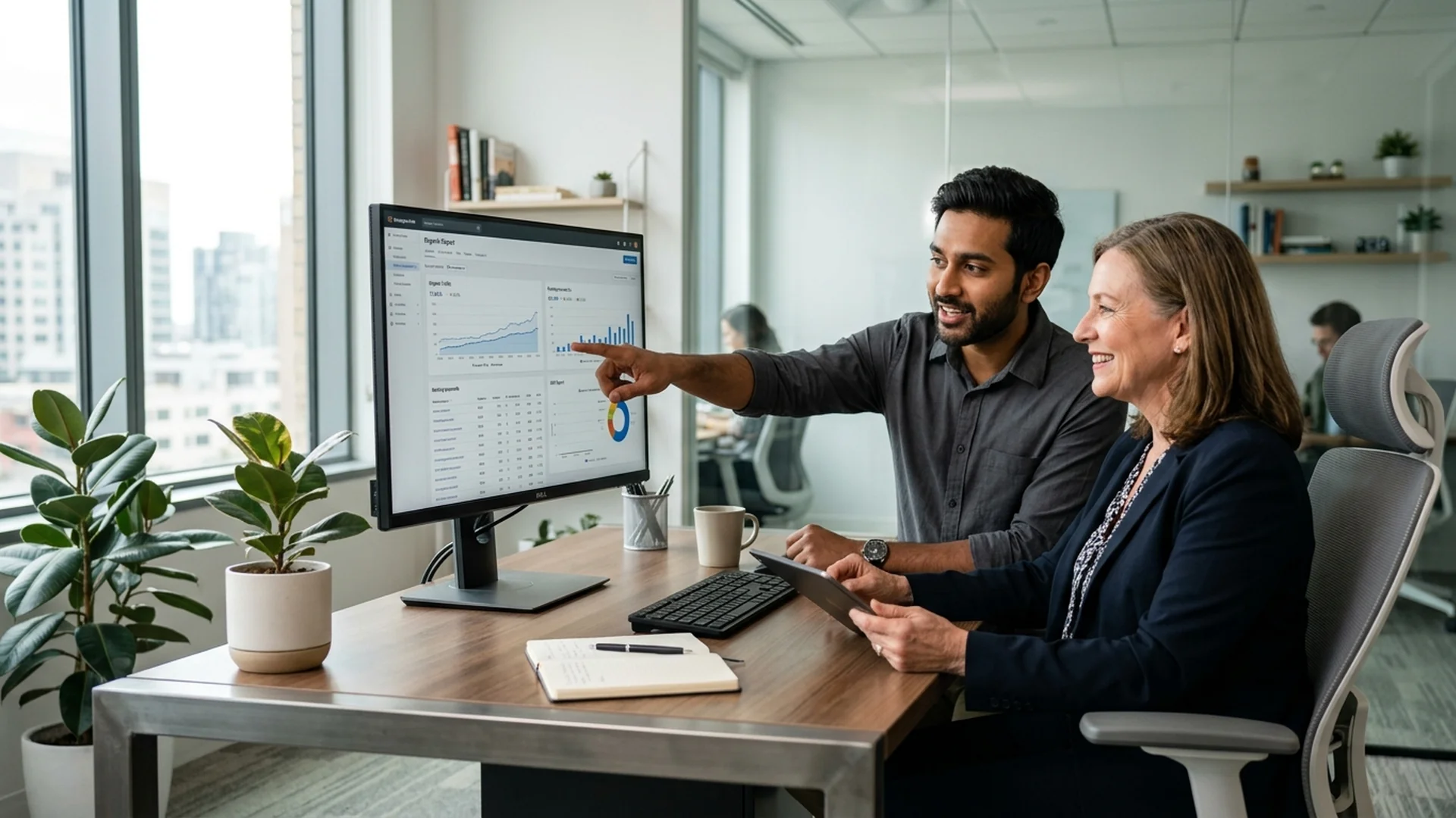 An SEO specialist pointing to a ranking report on a monitor, explaining organic growt — Marketing Services