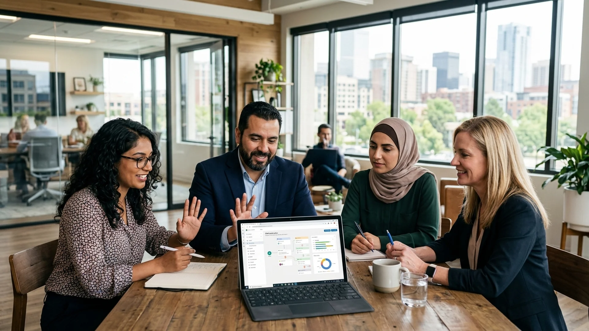 A marketing strategist sitting at a desk with a business owner, demonstrating a CRM a — Marketing Services