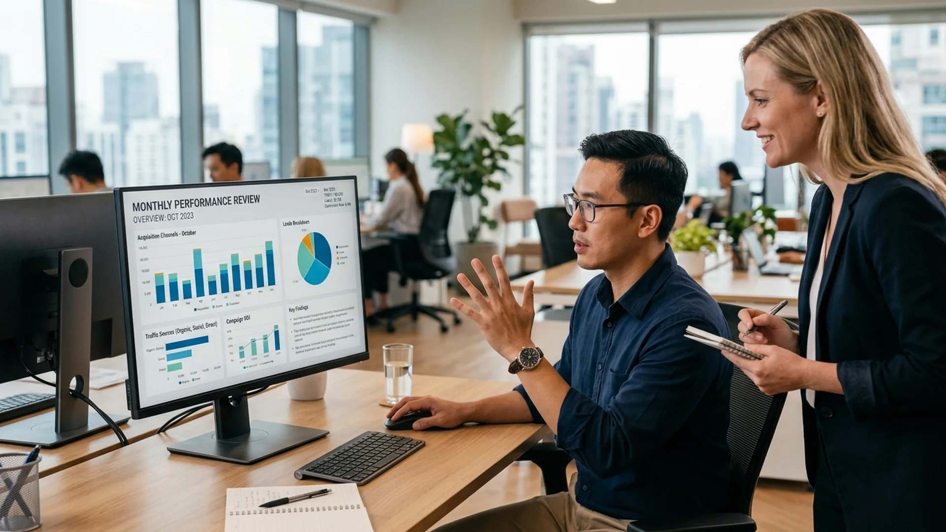 An expert marketing analyst reviewing comprehensive performance data on a large monit — Marketing Services